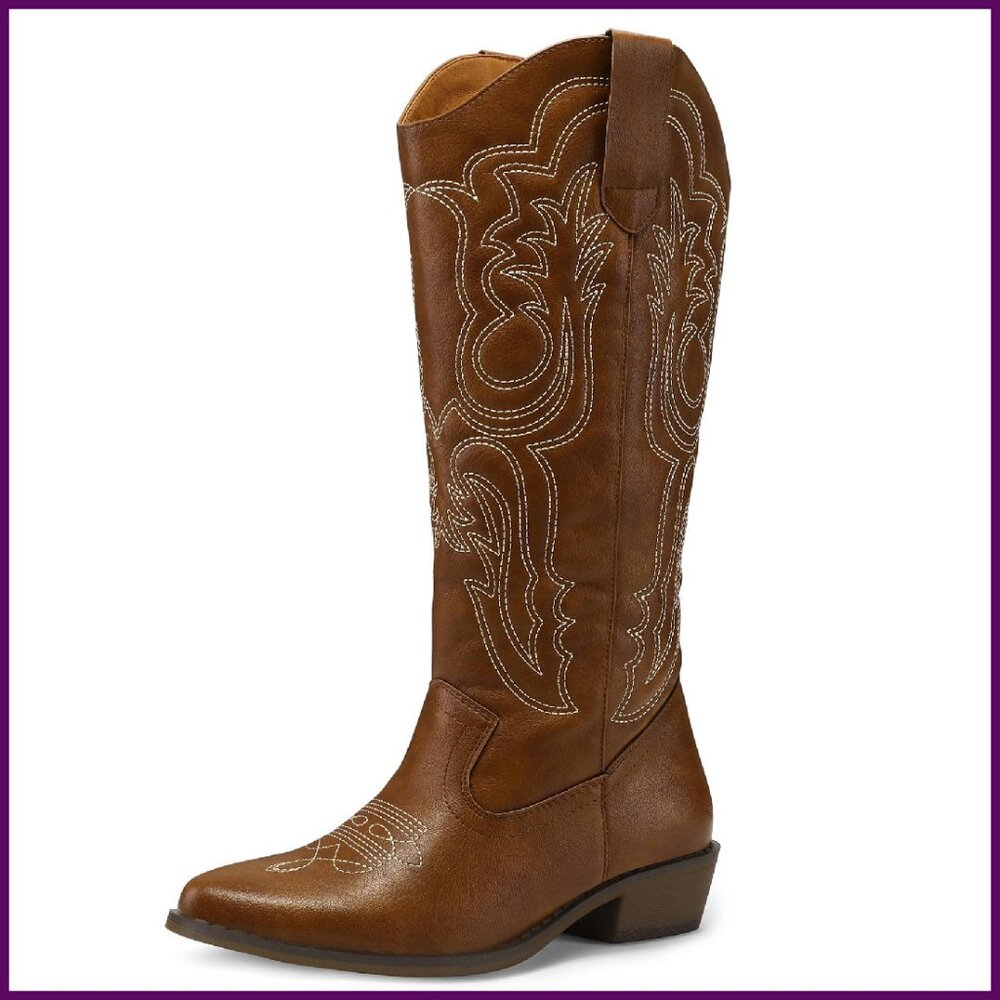 Women's Cowboy Boots Mid Calf Embroidered Western Pointed Toe Chunky Heel